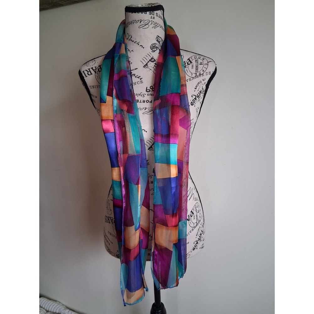 Vintage Style Geometric Patchwork Script Print Sheer Chiffon Scarf Multicolored